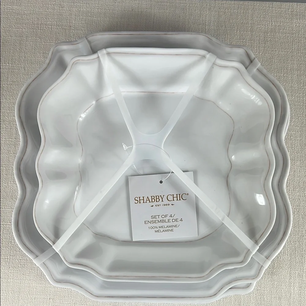 Shabby Chic Melamine Plates 8 pc Set 4 Dinner 4 Salad White Tan Edge NEW